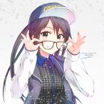  baseball_cap black_hair blue_eyes blush commentary eyebrows_visible_through_hair glasses grin hat highres idolmaster idolmaster_shiny_colors jacket long_hair long_sleeves looking_at_viewer mitsumine_yuika ns.x removing_eyewear smile solo teeth twintails 