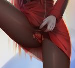  black_legwear censored close-up darling_in_the_franxx ginhaha gloves long_hair lower_body mosaic_censoring no_panties pantyhose pink_hair pussy solo thighs torn_clothes torn_legwear very_long_hair white_gloves zero_two_(darling_in_the_franxx) 