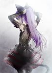  adjusting_hair animal_ears arms_up black_dress black_legwear cat_ears cat_tail detached_sleeves dress elin_(tera) emily_(pure_dream) from_behind gothic_lolita green_eyes lolita_fashion long_hair looking_back pantyhose ponytail purple_hair solo tail tera_online 