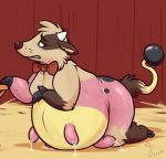  2017 anthro barn belly big_belly binturongboy bovine bow_tie brown_fur brown_nose cattle digital_drawing_(artwork) digital_media_(artwork) fur hay hi_res horn hyper hyper_belly male mammal miltank nintendo nude pok&eacute;mon pok&eacute;mon_(species) simple_background solo teats transformation udders video_games weight_gain 