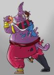  2016 absurd_res anthro brown_hair cat champa claws clothed clothing digital_drawing_(artwork) digital_media_(artwork) dragon_ball dragon_ball_super eyewear feline glasses goo_transformation gradient_background hair hi_res liquid_latex male mammal overweight overweight_male purple_nose rubber shiny simple_background smile solo standing stripes- teeth transformation 