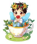  black_hair brown_eyes child cup fairy_wings flower head_wreath in_container in_cup katsuki_yuuri male_focus plant sitting teacup twc_(p-towaco) twitter_username vines wings younger yuri!!!_on_ice 