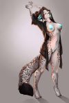  2018 anthro breasts clothed clothing digital_media_(artwork) eyes_closed feline female fur hair hi_res leopard mammal nipples open_mouth pussy robyn_paperdoll simple_background snow_leopard solo standing stretching tongue white_fur 