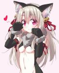  animal_ears bangs bare_shoulders bell black_gloves blonde_hair blush breasts cat_ears center_opening closed_mouth elbow_gloves eyebrows_visible_through_hair fake_animal_ears fate/kaleid_liner_prisma_illya fate_(series) fur_collar gloves hair_between_eyes hair_ribbon hand_up heart illyasviel_von_einzbern jingle_bell long_hair looking_at_viewer navel paw_pose pink_background pink_eyes qingchen_(694757286) red_ribbon revealing_clothes ribbon shiny shiny_hair simple_background small_breasts smile solo stomach underboob upper_body very_long_hair 