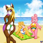  anthro beach bikini camel_toe care_bears cartoons cheer_bear clothing dessert food g-string group ice_cream lagomorph mammal onzeno pig porcine rabbit sally-lauderdale seaside slim smile suggestive_pose swimsuit treat_heart_pig underwear 