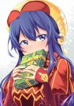  blue_eyes blue_hair blush dress embarrassed fire_emblem fire_emblem:_fuuin_no_tsurugi fire_emblem_heroes gift hat highres lilina long_hair nakabayashi_zun simple_background solo 
