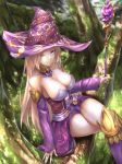  bare_shoulders blonde_hair breasts cleavage commentary_request cryptract detached_sleeves hat large_breasts long_hair matsunaga_garana one_eye_closed purple_eyes solo wand witch_hat 