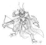  amputee antennae anthro armor arthropod black_and_white cape clothed clothing crossbow dagger dual_wielding dungeons_&amp;_dragons holding_object holding_weapon insect melee_weapon monochrome multi_arm multi_limb ranged_weapon scar solo thri-kreen weapon wes_talbott 