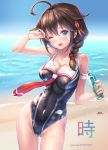  adapted_costume beach black_hair black_swimsuit blue_eyes bottle braid breasts cleavage cloud commentary_request competition_swimsuit crab dated day food_on_body hair_flaps hair_ornament hair_over_shoulder hair_ribbon hairclip highres holding holding_bottle kantai_collection medium_breasts ocean one-piece_swimsuit open_mouth outdoors ramune red_neckwear remodel_(kantai_collection) ribbon sand shigure_(kantai_collection) single_braid sky smile swimsuit water wet zerono_hazumi 