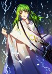  black_background blank_eyes electricity enkidu_(fate/strange_fake) fate/grand_order fate_(series) gradient gradient_background green_eyes green_hair grey_background highres long_hair looking_at_viewer luozhou_pile standing 