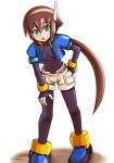  aile bent_over bodystocking bodysuit breasts brown_hair cleavage commentary_request green_eyes hand_on_hip long_hair looking_at_viewer ni-jo robot_ears rockman rockman_zx rockman_zx_advent shorts skin_tight small_breasts solo spandex standing 