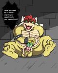 3_fingers 3_toes anon balls bowser crown cum domination fellatio forced human koopa larger_dom male male/male male_domination mammal mario_bros nintendo oral penis reptile scalie sex smaller_sub speech_bubble text theshamelessfreak toes video_games 