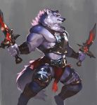  2018 5_fingers afd-yred anthro canid canine canis clothed clothing digital_media_(artwork) fangs fur male mammal melee_weapon multicolored_fur muscular muscular_male solo standing sword two_tone_fur weapon wolf yellow_eyes 