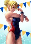  alternate_costume alternate_hairstyle bare_arms bare_shoulders blonde_hair blue_background breasts chain commentary_request competition_swimsuit cowboy_shot cuffs eyelashes fang_out gradient gradient_background hair_bun highres horn hoshiguma_yuugi looking_at_viewer medium_breasts muscle muscular_female one-piece_swimsuit pennant pink_eyes pointy_ears profile solo star stretch swimsuit touhou water yasaidon 