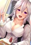  bangs blurry blurry_background blush breasts cake cleavage collarbone dutch_angle eyebrows_visible_through_hair feeding fingernails food fruit hair_between_eyes highres holding indoors kanzaki_kureha large_breasts long_hair long_sleeves looking_at_viewer open_mouth original purple_eyes shirt sitting smile solo spoon strawberry teeth upper_body white_hair white_shirt window 