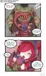  1boy 1girl blush breasts censored comic erect_nipples erection hair_over_one_eye korean large_penis league_of_legends long_tongue nipples oral penis restrained sex speech_bubble tahm_kench text tongue translation_request xayah yugion 