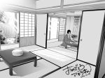  bangs blunt_bangs board_game bush dated day door dosanko floor flower go grey greyscale hikaru_no_go indoors japanese_clothes kimono long_sleeves male_focus monochrome perspective playing_games seiza signature sitting solo sunlight table touya_akira vase wooden_wall 
