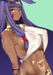  animal_ears bangs bare_shoulders belly_chain blue_background bracelet breasts commentary_request covered_nipples dark_skin detached_collar earrings egyptian egyptian_clothes eyeliner facepaint facial_mark fate/grand_order fate_(series) hairband halter_top halterneck hoop_earrings jackal_ears jewelry karasuma_yayoi large_breasts long_hair looking_at_viewer looking_to_the_side makeup navel nitocris_(fate/grand_order) puffy_nipples purple_eyes purple_hair sideboob sidelocks simple_background solo swimsuit underboob very_long_hair white_swimsuit 