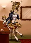 breasts brown_hair bubbeh clothing cloven_hooves eyelashes female giraffe hair hooves horn jacket jewelry long_neck mammal necklace post_transformation shorts solo thick_thighs transformation wide_hips 