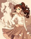  artist_name bishoujo_senshi_sailor_moon brown brown_background brown_hair brown_sailor_collar brown_skirt dav-19 earrings green_eyes hair_bobbles hair_ornament hand_on_hip inner_senshi jewelry kino_makoto kino_makoto's_school_uniform long_hair multiple_sources navel ponytail sailor_collar sailor_jupiter school_uniform serafuku skirt watermark web_address 