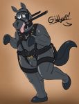  2017 absurd_res anthro barnaby_(overzen) bdsm bell bit_gag black_collar blue_eyes bodysuit bulge clothed clothing collar dialogue digital_drawing_(artwork) digital_media_(artwork) english_text equine gag gagged harness harness_bit_gag hi_res horse male mammal offscreen_character open_mouth overweight petplay pony ponyplay roleplay rubber shiny simple_background skinsuit solo stripes- teeth text tight_clothing tongue tongue_out 