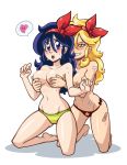  2girls aerolae belly blonde_hair blue_eyes blue_hair blush breasts dragon_ball eyebrows green_eyes heart itsdatskelebutt long_hair lunch_(dragon_ball) matching_hair/eyes multiple_girls nipples open_mouth panties selfcest simple_background smile stomach teeth topless white_background yuri 