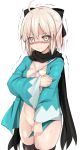  ahoge black_scarf blush bottomless bow commentary_request fate_(series) hair_bow haori japanese_clothes koha-ace looking_at_viewer no_panties okita_souji_(fate) okita_souji_(fate)_(all) scarf sen_(astronomy) shinsengumi sweat tearing_up tears trembling wavy_mouth 