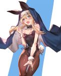  blonde_hair blue_eyes blush bridget_(guilty_gear) bunny_boy bunnysuit commentary cuffs guilty_gear habit looking_at_viewer male_focus nun open_mouth oro_(sumakaita) otoko_no_ko pantyhose solo sweatdrop wrist_cuffs 