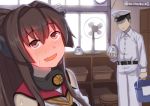  1boy 1girl admiral_(kantai_collection) belt black_hair blush brown_hair bucket commentary electric_fan faceless faceless_male full-face_blush hat kantai_collection misumi_(niku-kyu) open_mouth peaked_cap red_eyes sweat sweating_profusely twitter_username type_91_armor-piercing_shell wavy_mouth yamato_(kantai_collection) 