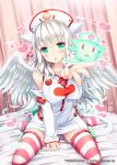  :3 :o akkijin angel_wings animal_ears bangs bare_shoulders bed between_legs blown_kiss blush border breasts cat_ears cat_tail catcine_(shinkai_no_valkyrie) curtains detached_sleeves dress feathers foreshortening full_body green_eyes hand_between_legs hat heart indoors large_breasts long_hair looking_at_viewer no_shoes nurse nurse_cap official_art on_bed open_mouth outstretched_arm paw_print red_legwear shinkai_no_valkyrie short_dress sitting sleeves_past_wrists solo sparkle spread_legs striped striped_legwear syringe tail thighhighs very_long_hair wariza white_hair white_legwear wings zettai_ryouiki 