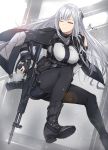 absurdres ak-12 ak-12_(girls_frontline) ankle_boots assault_rifle bangs belt black_cape black_footwear black_gloves black_jacket black_pants boots braid breasts cape closed_mouth collar commentary dated eyebrows_visible_through_hair floating_hair french_braid girls_frontline gloves gun half-closed_eye highres holding holding_gun holding_weapon jacket jacket_on_shoulders jumping long_hair long_sleeves looking_at_viewer medium_breasts one_eye_closed open_clothes open_jacket pale_skin pants partly_fingerless_gloves pouch purple_eyes rifle shadow sidelocks signature simple_background smile snow snowing straight_hair strap trigger_discipline underbust uniform walking weapon white_hair zhishi_ge_fangzhang 
