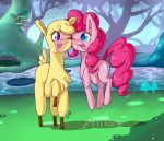  2018 alpaca blue_eyes blush camelid chest_tuft cloven_hooves creek crossover cute cutie_mark dsp2003 duo earth_pony equine eye_contact eyelashes female feral floppy_ears flower forest friendship_is_magic fur hair happy hi_res hooves horse inner_ear_fluff jumping mammal mushroom my_little_pony nature nude one_eye_closed open_mouth open_smile outside paprika_paca_(tfh) pink_hair pinkie_pie_(mlp) plant pony purple_eyes shadow short_tail signature smile standing teeth them&#039;s_fightin&#039;_herds tongue tree tuft water yellow_fur 