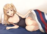  :d alternate_costume arm_support azur_lane bare_arms bare_legs bare_shoulders bed bed_sheet black_choker blanket blonde_hair breasts camisole choker cleavage cleveland_(azur_lane) indoors legs_together long_hair looking_at_viewer lying medium_breasts on_bed on_side one_side_up open_mouth pillow red_eyes shiny shiny_hair sleeveless smile solo star strap_slip takeume under_covers underwear underwear_only wall 