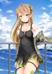  against_railing ahoge bangs bare_shoulders black_choker blue_sky blush bow breasts brown_hair camouflage_jacket choker cloud collarbone commentary day dog_tags double_bun dress eyebrows_visible_through_hair fur_trim girls_frontline green_eyes hair_between_eyes hair_bow jacket jewelry leaning_on_object long_hair looking_at_viewer medium_breasts meiji_(gldm-meiji) necklace ocean off_shoulder open_mouth outdoors rfb_(girls_frontline) sidelocks sky solo strap thigh_strap thighs waves 