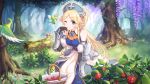  arm_guards ayase_yukari bare_shoulders berries bird blonde_hair cross cygames forest hat long_hair nature official_art pointy_ears princess_connect! purple_eyes 