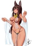  absurdres animal_ears anubis_(houtengeki) armpits bangs black_hair black_panties breasts commentary covered_nipples dark_skin dated egyptian egyptian_mythology eye_of_horus highres jewelry large_breasts long_hair looking_at_viewer navel necklace open_mouth original panties pelvic_curtain red_eyes see-through signature solo string_panties ubo_(dbsgurdbsk) underwear white_background 