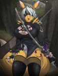  2018 anthro big_breasts breasts canine claws cleavage clothed clothing cosplay digimon digital_media_(artwork) dipstick_ears dipstick_tail female fur hair hi_res holding_object holding_weapon huge_breasts legwear mammal markings melee_weapon multicolored_tail nier_automata patreon renamon solo sword weapon xpray yorha_2b 