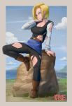  abs android_18 arm_support ass_visible_through_thighs belt blue_eyes blue_sky boots breasts cameltoe cleavage cloud commentary dragon_ball dragon_ball_z highres kabos medium_breasts pantyhose rock sitting skirt sky smile solo toned torn_clothes torn_legwear 