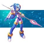  blue_eyes bodysuit boots bubble full_body gloves helmet holding holding_spear holding_weapon leviathan_(rockman) nagita0 open_mouth polearm rockman rockman_zero solo spear standing thigh_boots thighhighs water weapon white_gloves 