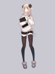 absurdres bad_id bad_pixiv_id black_legwear blonde_hair blush brown_eyes closed_mouth eyebrows_visible_through_hair full_body grey_background highres horns kimsw0522 looking_at_viewer medium_hair original pointy_ears simple_background slippers smile solo stylus tablet tall thighhighs 