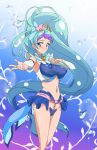  adapted_costume blue_eyes blue_hair breasts choker closed_mouth commentary_request covered_nipples cure_mermaid detached_sleeves earrings go!_princess_precure highres jewelry kaidou_minami large_breasts long_hair looking_at_viewer magical_girl midriff multicolored_hair navel ontaros outstretched_arm precure purple_hair shiny shiny_hair shiny_skin skirt smile solo standing streaked_hair two-tone_hair 