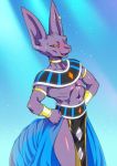  arm_ring beerus blush bracelet cat clothed clothing dragon_ball dragon_ball_super ear_piercing embarrassed feline invalid_tag jewelry male mammal muscular muscular_male neck_ring piercing pose skimpy translucent 