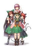 :&lt; animal_ears asrielchu bangs black_bow black_footwear black_hairband black_hat black_legwear black_wings blouse blunt_bangs boots bow braid brown_hair cape cat_ears cat_tail commentary_request dress floral_print green_bow green_dress green_eyes green_hair green_skirt hair_bow hairband hat heart height_difference highres kaenbyou_rin kneehighs komeiji_koishi komeiji_satori long_hair looking_at_viewer multiple_girls multiple_tails pink_skirt purple_eyes purple_hair red_eyes red_hair reiuji_utsuho shoes simple_background skirt sleeves_past_fingers sleeves_past_wrists smile tail third_eye touhou two_tails wavy_mouth white_background white_blouse wing_collar wings yellow_blouse 