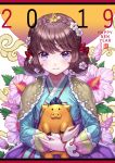  1girl blush box_(hotpppink) brown_hair chinese_zodiac flower hair_flower hair_ornament hanbok happy_new_year korean_clothes looking_at_viewer new_year original pig purple_eyes smile solo year_of_the_pig 