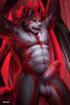  2017 abs anthro arms_above_head balls biceps black_nose body_hair canine digital_media_(artwork) erection facial_scar fur glans grey_fur hair happy_trail hi_res horn humanoid_penis looking_at_viewer male mammal multicolored_fur muscular muscular_male navel nipples nude open_mouth pecs penis red_fur retracted_foreskin scar solo standing takahirosi tattoo teeth tongue uncut vein white_fur wings yellow_eyes 