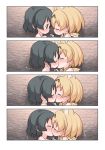  1girl animal_ears black_eyes black_gloves black_hair blonde_hair blush bow bowtie cave closed_eyes comic extra_ears eyebrows_visible_through_hair french_kiss genderswap genderswap_(ftm) gloves hands_together holding_hands implied_sex interlocked_fingers kaban_(kemono_friends) kemono_friends kiss looking_at_another lying nude on_side print_neckwear quick_waipa serval_(kemono_friends) serval_ears serval_print short_hair upper_body yellow_neckwear 