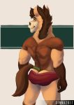  2017 5_fingers abstract_background anthro back_muscles biceps biped briefs brown_eyebrows brown_fur brown_hair brown_tail butt butt_pose cinnahipster clothed clothing digital_media_(artwork) equine eyebrows fur green_eyes hair hi_res horse looking_at_viewer looking_back male mammal multicolored_fur muscular muscular_male owen_dansby pepsi_(fa) portrait rear_view red_bottomwear red_clothing red_underwear smile solo standing tail_wraps tan_fur three-quarter_portrait topless underwear wraps 