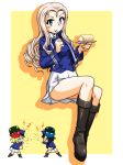  andou_(girls_und_panzer) angry bc_freedom_military_uniform beans black_footwear black_hair blonde_hair blue_hat blue_jacket blue_oni blue_vest boots chibi closed_mouth commentary_request dark_skin dress_shirt drill_hair eating food food_on_face food_request fork full_body girls_und_panzer green_eyes grimace hat high_collar holding invisible_chair jacket lightning_bolt long_hair long_sleeves looking_at_viewer marie_(girls_und_panzer) medium_hair millipen_(medium) miniskirt multiple_girls oni oosaka_kanagawa oshida_(girls_und_panzer) outside_border plate pleated_skirt red_oni shadow shako_cap shirt sitting skirt standing throwing traditional_media vest white_skirt yellow_background 