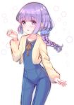  aikatsu! aikatsu!_(series) bangs blue_jumpsuit blush braid eyebrows_visible_through_hair hikami_sumire jacket jumpsuit long_hair long_sleeves looking_at_viewer makiaato open_clothes open_jacket parted_lips purple_eyes purple_hair side_ponytail sleeves_past_wrists solo white_background yellow_jacket 