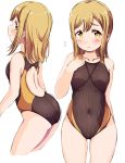  ass back_cutout bangs blush breasts brown_hair collarbone commentary_request covered_navel cowboy_shot embarrassed eyebrows_visible_through_hair flying_sweatdrops hand_on_own_chest highres kunikida_hanamaru long_hair love_live! love_live!_sunshine!! multiple_views one-piece_swimsuit sen_(sen0910) simple_background small_breasts swimsuit white_background yellow_eyes 